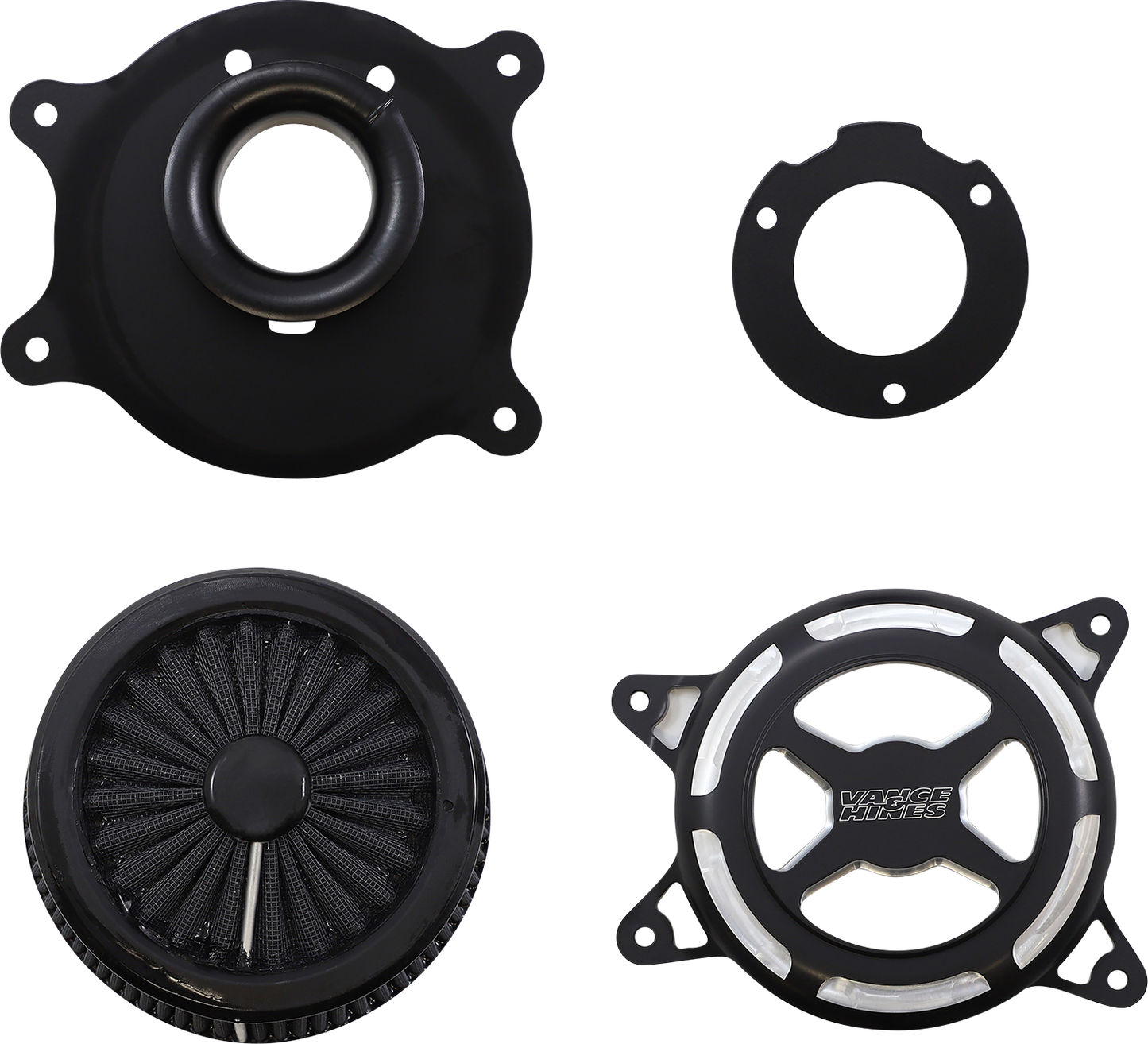 Vance & Hines VO2 X Air Intake Kit in black contrast for Harley Touring and Softail motorcycles, showing the sleek air intake design.