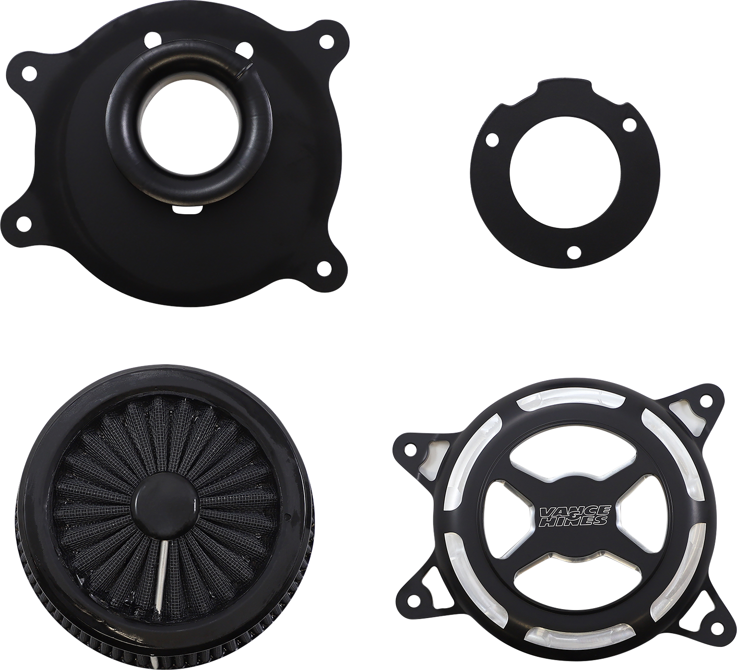 Vance & Hines VO2 X Air Intake Kit in black contrast for Harley Touring and Softail motorcycles, showing the sleek air intake design.