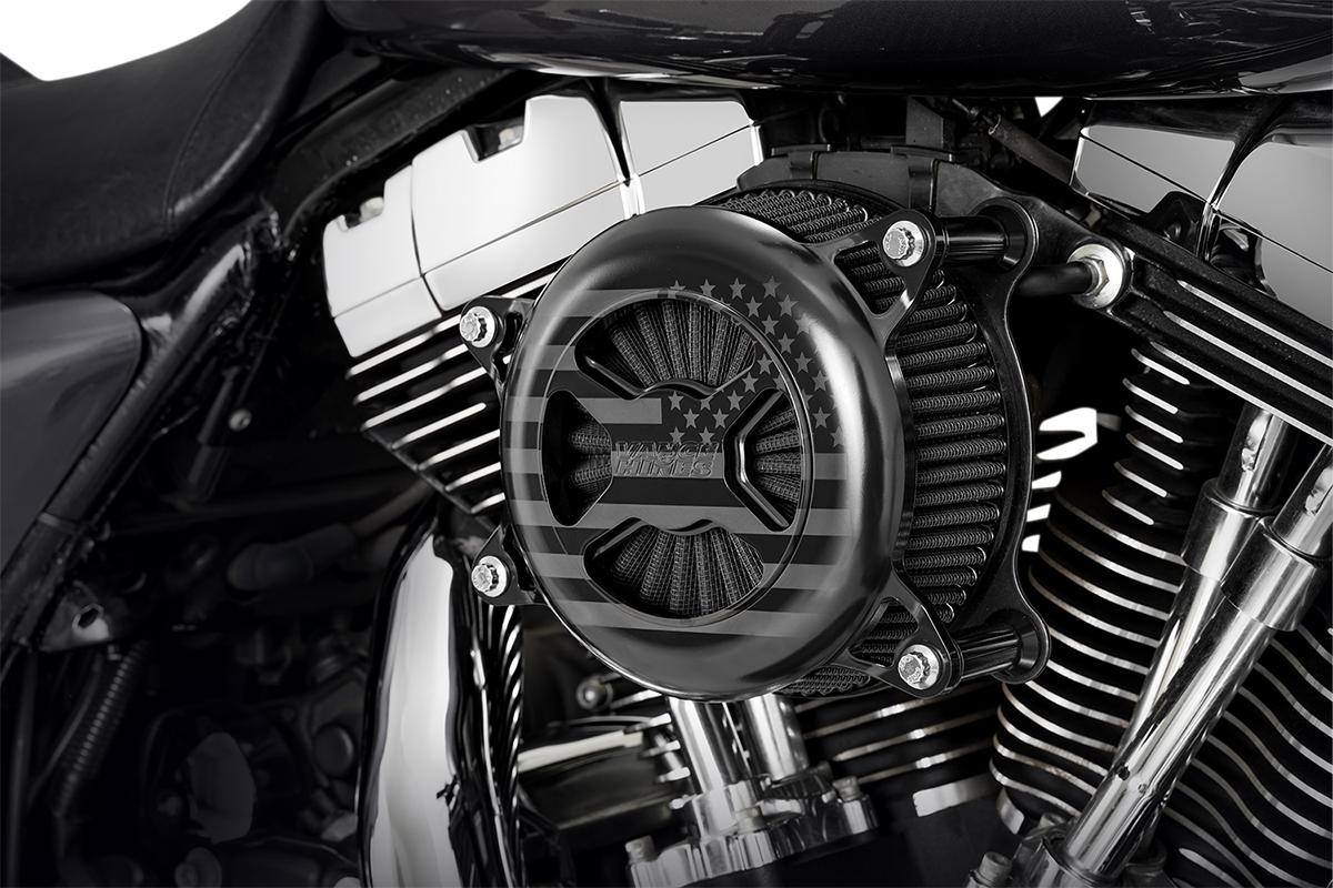 VANCE & HINES VO2 X Air Intake Kit in black wrinkle finish for Harley Touring and Softail motorcycles.