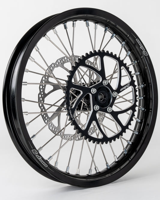 Warp9Racing Talaria rear wheel with black and silver finish, 16x1.85 size, in stock with 40T sprocket for mountain bikes