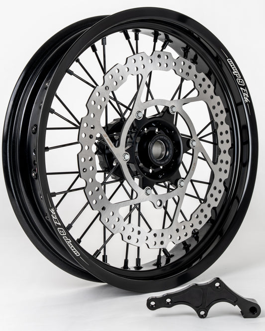Warp9Racing Braketec front 17-inch wheel for Husqvarna/GasGas bikes, black and silver finish, in stock.