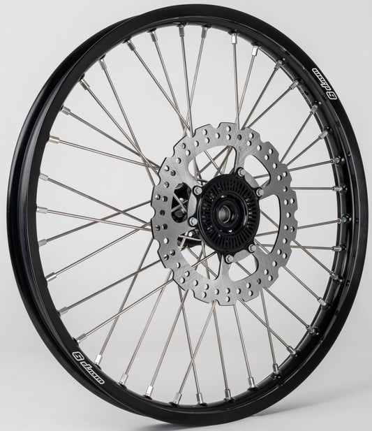 Black and silver Warp9Racing Surron Ultra front wheel with 21x1.60 fitment, featuring a sleek design and durable construction.