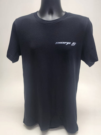 Black WarpWear short sleeve shirt by Warp9Racing, casual men's apparel with logo detail, displayed on a plain background.