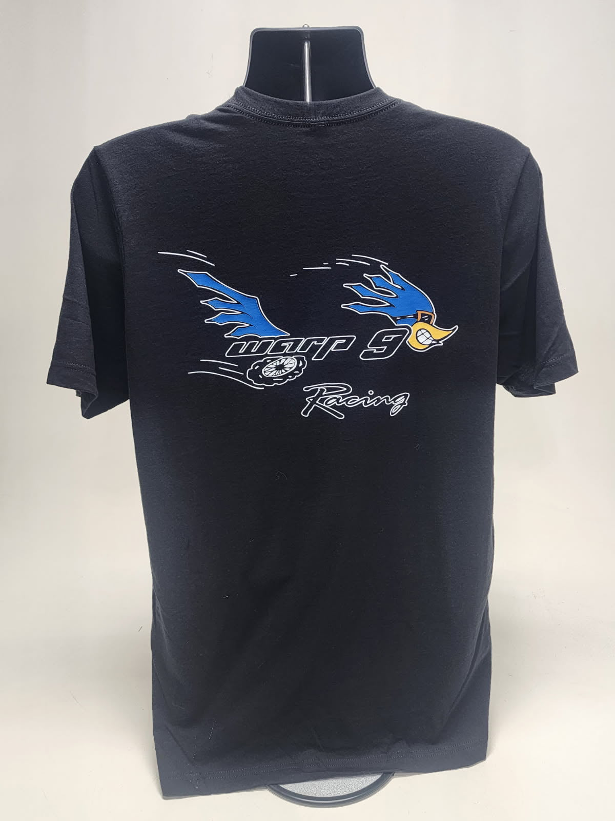Black WarpWear short sleeve road runner T-shirt by Warp9Racing, featuring a bold road runner graphic on the front.