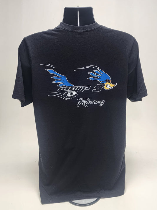 Black WarpWear short sleeve road runner T-shirt by Warp9Racing, featuring a bold road runner graphic on the front.
