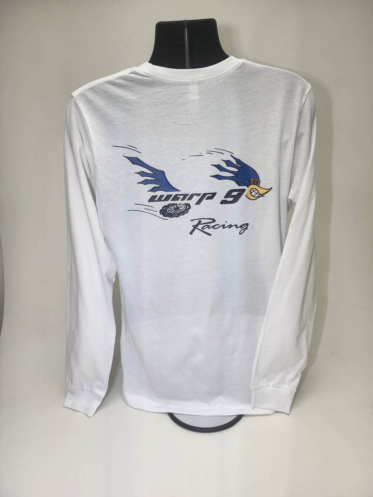 White WarpWear Road Runner T-shirt by Warp9Racing, featuring a detailed Road Runner graphic on the front.