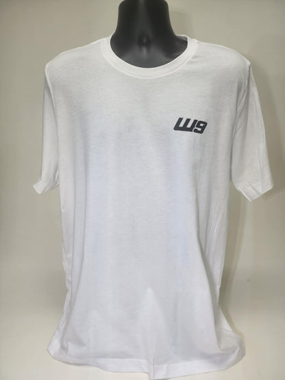 White WarpWear Road Runner T-shirt by Warp9Racing, featuring a sleek Road Runner graphic on the front.