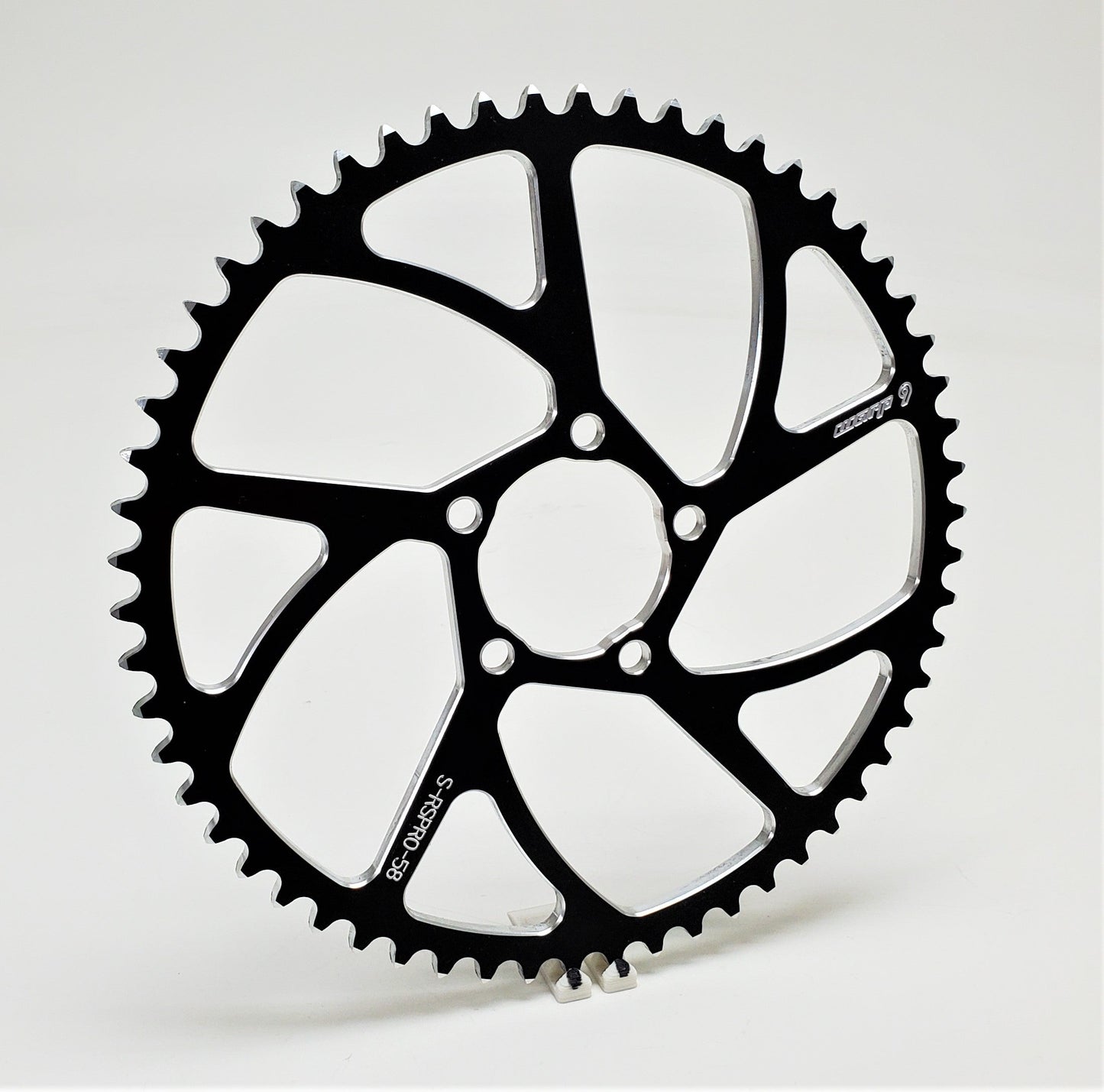 Warp 9 Racing E-Moto rear sprocket in black, aluminum and stainless steel, 40-tooth for Surron, Talaria, and more electric bikes.