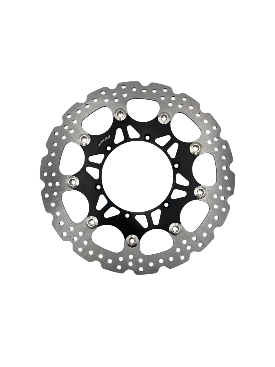 Yamaha 320mm front brake rotor by Warp9Racing, metallic disc with vented design for motorcycle braking performance.