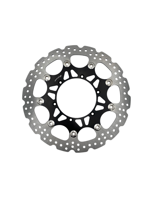 Yamaha 320mm front brake rotor by Warp9Racing, metallic disc with vented design for motorcycle braking performance.
