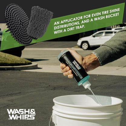 WASH & WHIPS Car Wash Kit - 3-Gallon Bucket with Particle Interceptor Trap, Shampoo, Chenille Mitt & Microfiber Soft Towel, 5pcs - Howling Moto