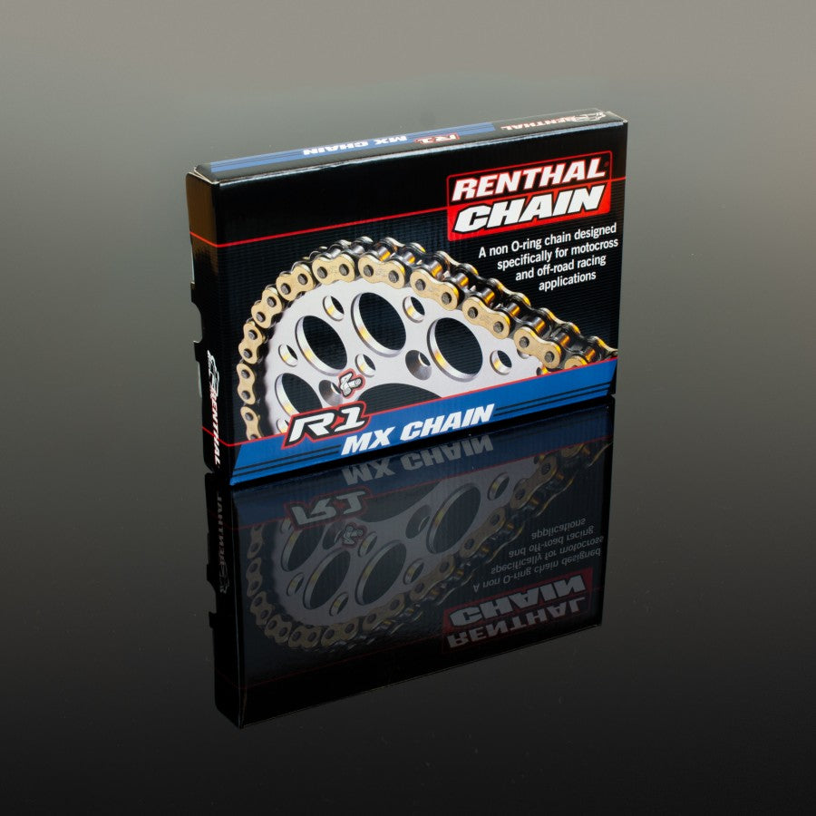 Warp9Racing Renthal R1 Works 520 motorcycle chain showing links and branding in a close-up image.