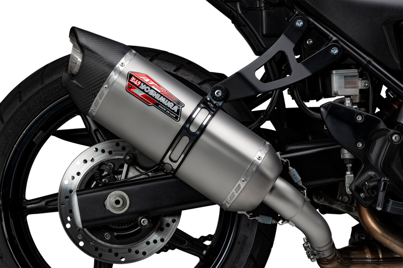 YOSHIMURA AT2 Street Exhaust System with matte carbon fiber end cap, showcasing the sleek exhaust pipe and end cap design.