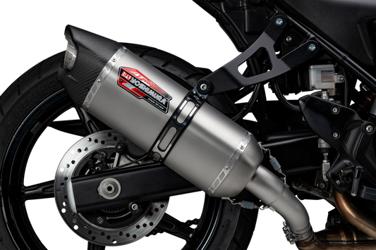 YOSHIMURA AT2 Street Exhaust System with matte carbon fiber end cap, showcasing the sleek exhaust pipe and end cap design.