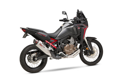 YOSHIMURA RS-12 slip-on exhaust for off-road vehicles, showcasing the stainless steel muffler and brand logo.