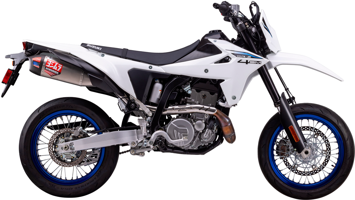 Yoshimura RS-12 slip-on exhaust for Suzuki motorcycles, showcasing the stainless steel muffler with Yoshimura branding.