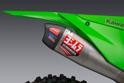Yoshimura RS-12 motorcycle exhaust system for Kawasaki KX450, stainless steel, aluminum, and carbon fiber components, front view.