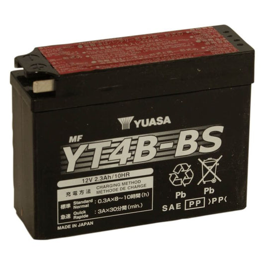 Yuasa YT4B-BS AGM battery with black casing and positive and negative terminals visible for automotive or powersport use.