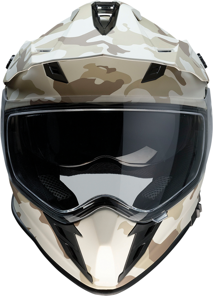 Z1R Range Helmet in large camo desert pattern with matte finish, featuring a sturdy shell and ventilation for motorcycle riding.