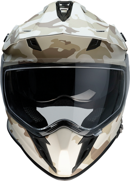 Z1R Range Helmet in large camo desert pattern with matte finish, featuring a sturdy shell and ventilation for motorcycle riding.