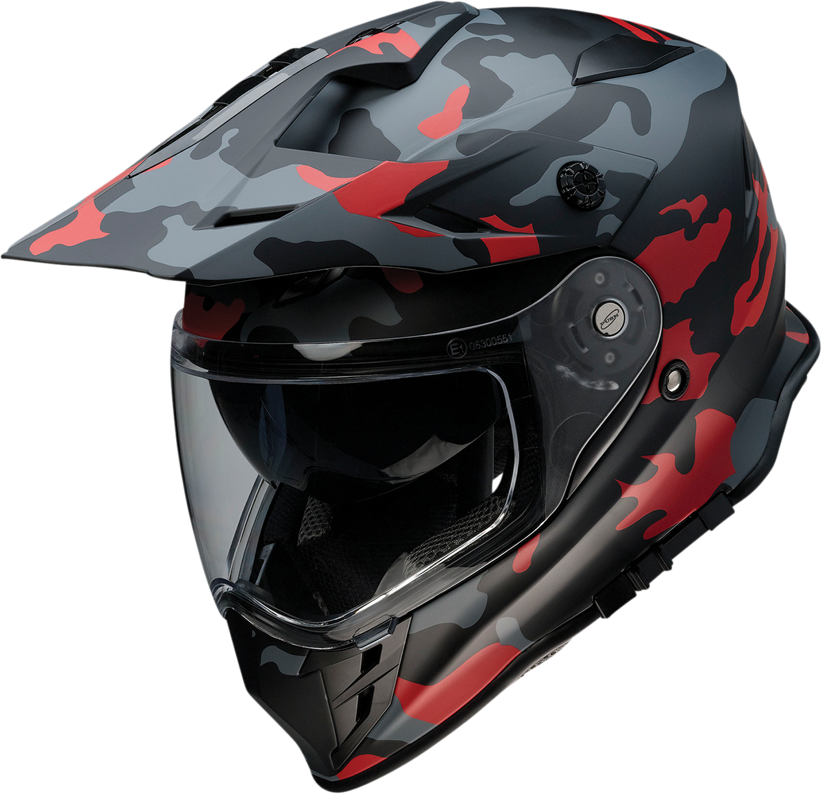 Z1R Range Helmet in Camo Red, small size, featuring sun visor and removable lining for versatile motorcycle riding.