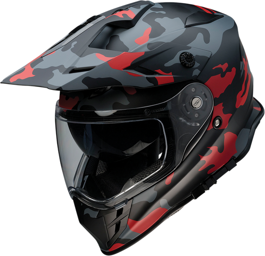 Z1R Range Helmet in Camo Red, small size, featuring sun visor and removable lining for versatile motorcycle riding.
