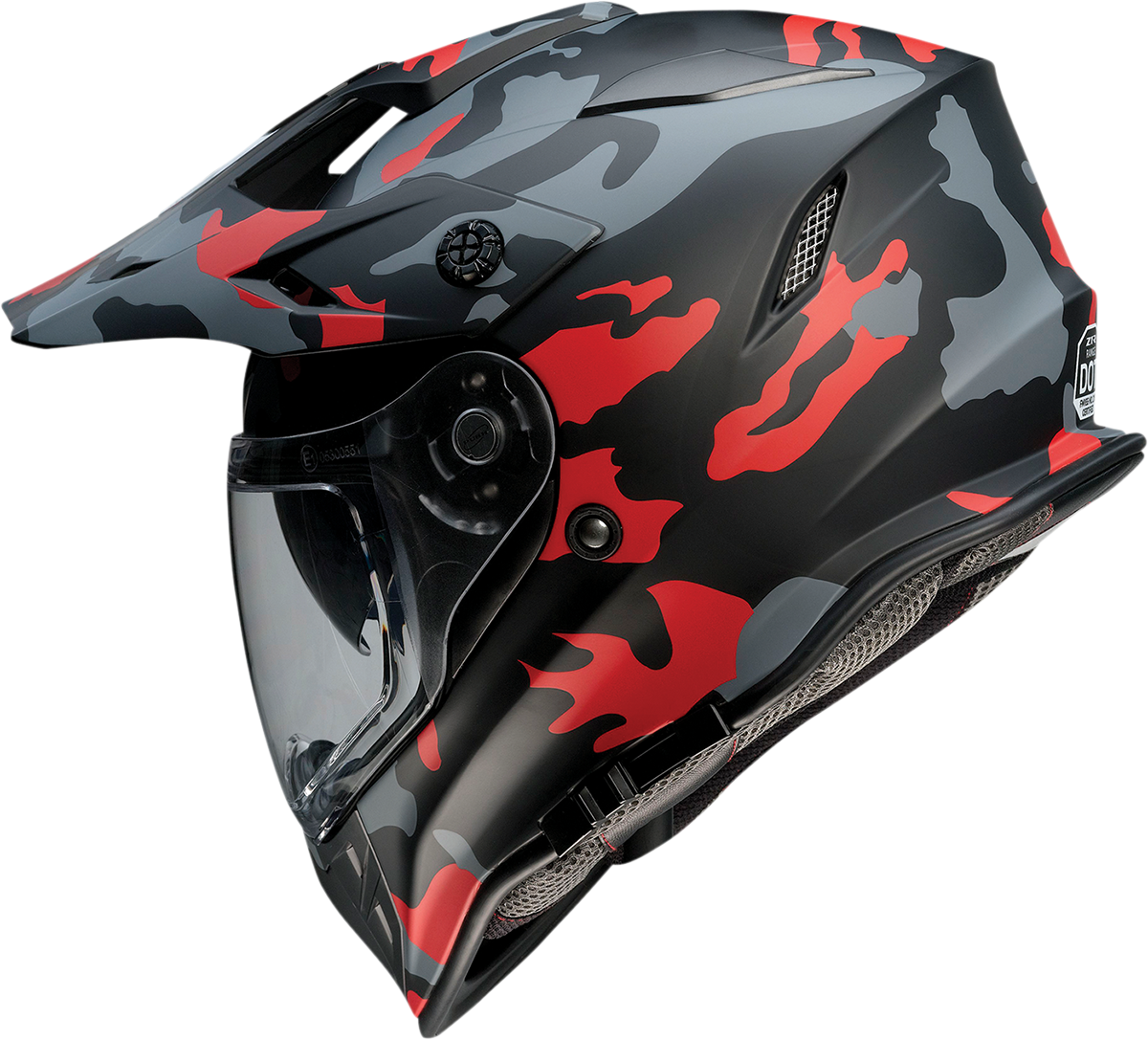 Z1R Z1R Range motorcycle helmet in Camo Red, small size, with sun visor and removable lining, showcasing the helmet's design.