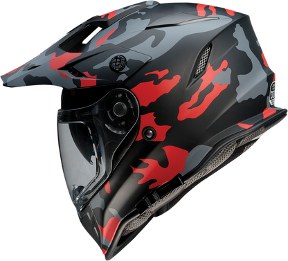 Z1R Z1R Range motorcycle helmet in Camo Red, small size, with sun visor and removable lining, showcasing the helmet's design.
