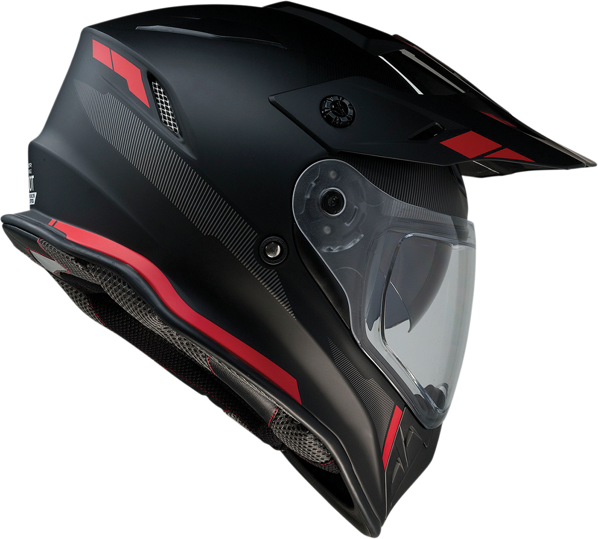 Z1R Range motorcycle helmet in black and red with drop-down sun visor, removable lining, size 2XL, shown from front angle.