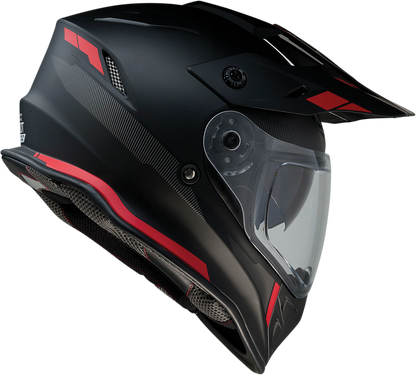 Z1R Range motorcycle helmet in black and red with drop-down sun visor, removable lining, size 2XL, shown from front angle.