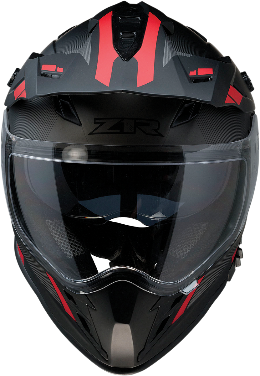 Z1R Range motorcycle helmet in black and red, size 2XL, with drop-down sun visor and removable lining, shown from side view.