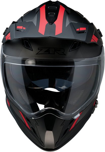 Z1R Range motorcycle helmet in black and red, size 2XL, with drop-down sun visor and removable lining, shown from side view.