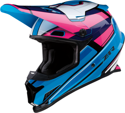 Z1R Rise motorcycle helmet in pink and blue, 3XL size, with sleek design and clear visor, model 0110-7190.