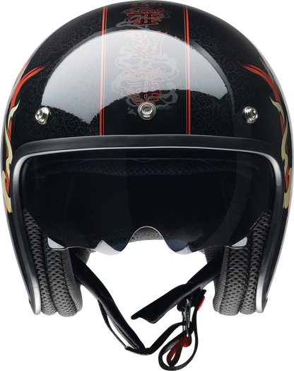 Z1R Saturn helmet in glossy black and red with devilish design, size XL, showcasing sleek helmet front view.