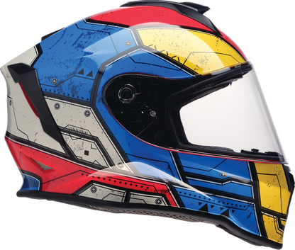 Z1R Youth Warrant 2.0 helmet in Sentinel Blue and Yellow, large size, featuring a sleek design and secure strap.