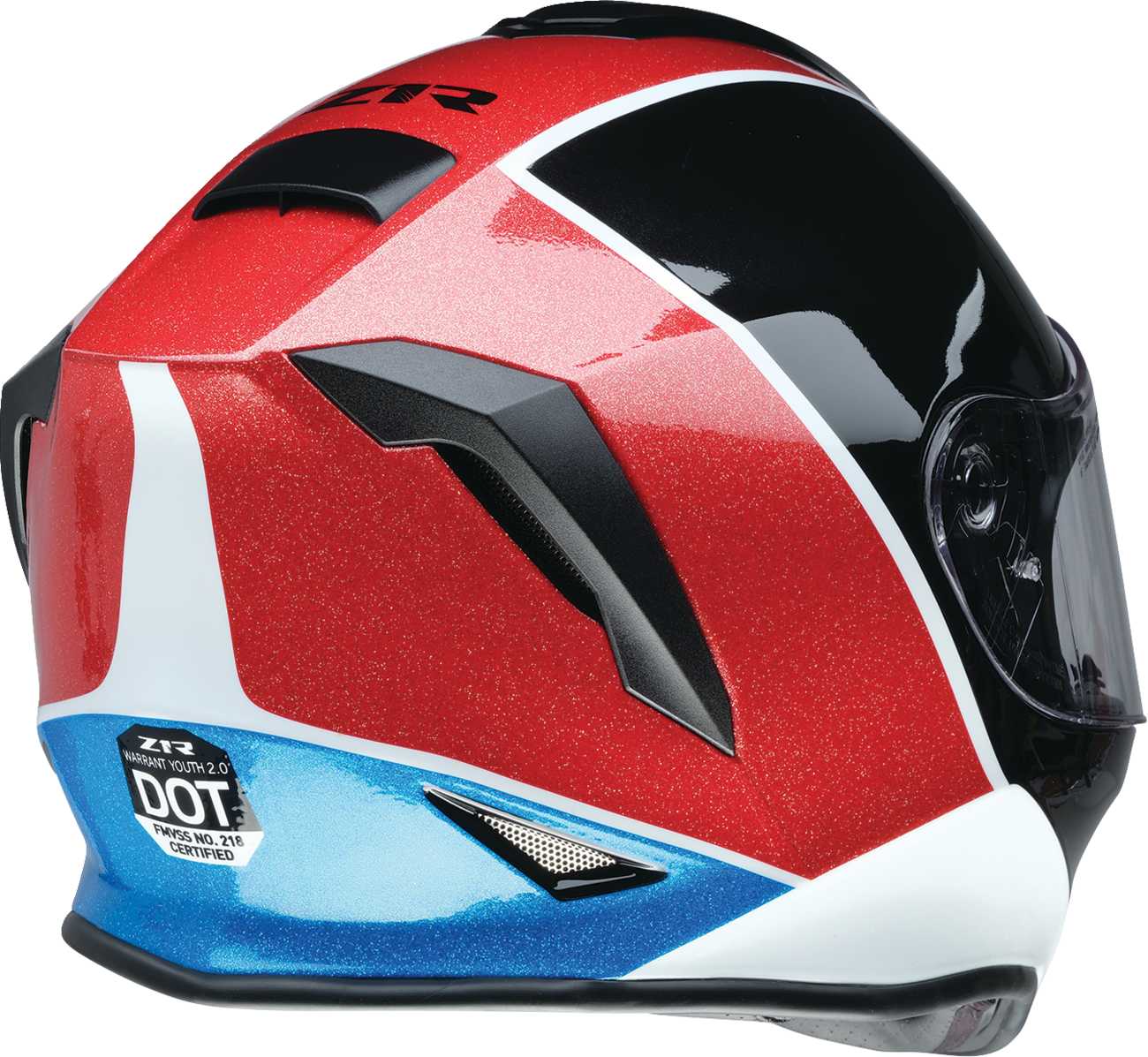 Z1R Youth Warrant 2.0 Snow Helmet in Fresh Pow Red, White, Blue, medium size with adjustable straps and ventilation openings.