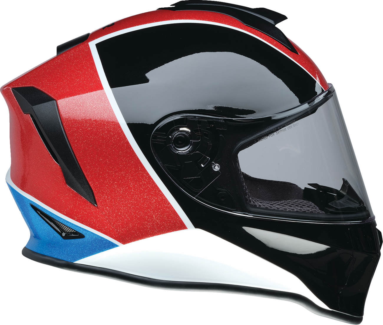 Z1R Youth Warrant 2.0 Snow Helmet in Fresh Pow Red, White, and Blue, medium size with adjustable straps and ventilation.