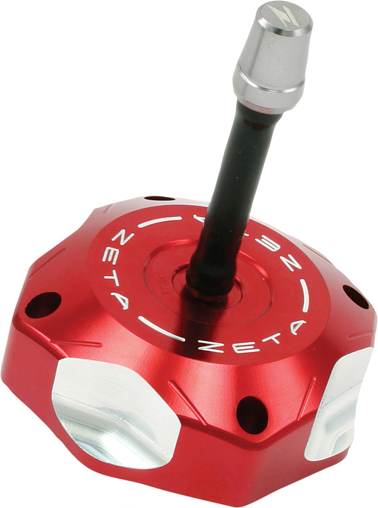 Red ZETA billet gas cap for motorcycles, part ZE87-1503, with sleek metal finish and secure locking mechanism.