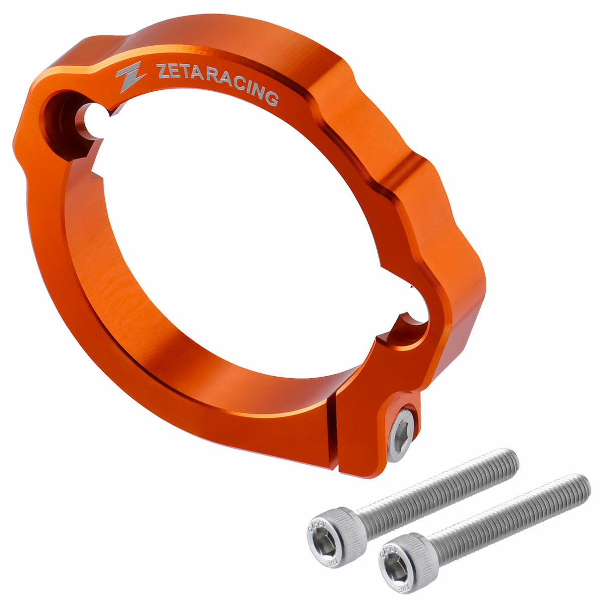 ZETA exhaust flange guard for KTM, Husqvarna, and GAS motorcycles, showing black protective metal cover with mounting holes.