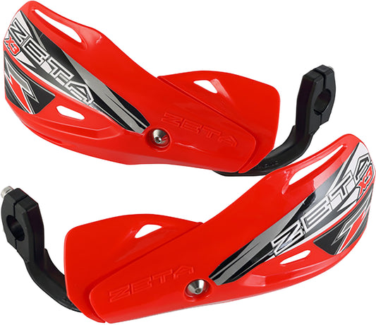 Red ZETA Impact X3 handguard with master cylinder guard for motorcycle, part number ZE74-4105, shown on a vehicle.