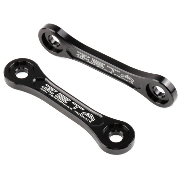 ZETA Kawasaki lowering link part ZE56-05210, black metal motorcycle suspension component for improved ride height.