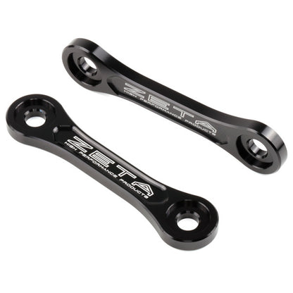 ZETA Kawasaki lowering link part ZE56-05210, black metal motorcycle suspension component for improved ride height.