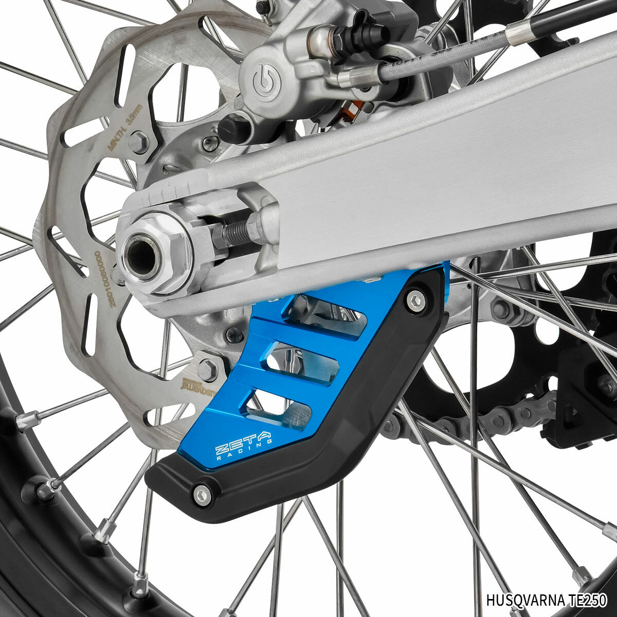 ZETA Rear Disc Guard H Blue with Aluminum Core Protection for motorcycle, part ZE52-5109, mounted on bike.