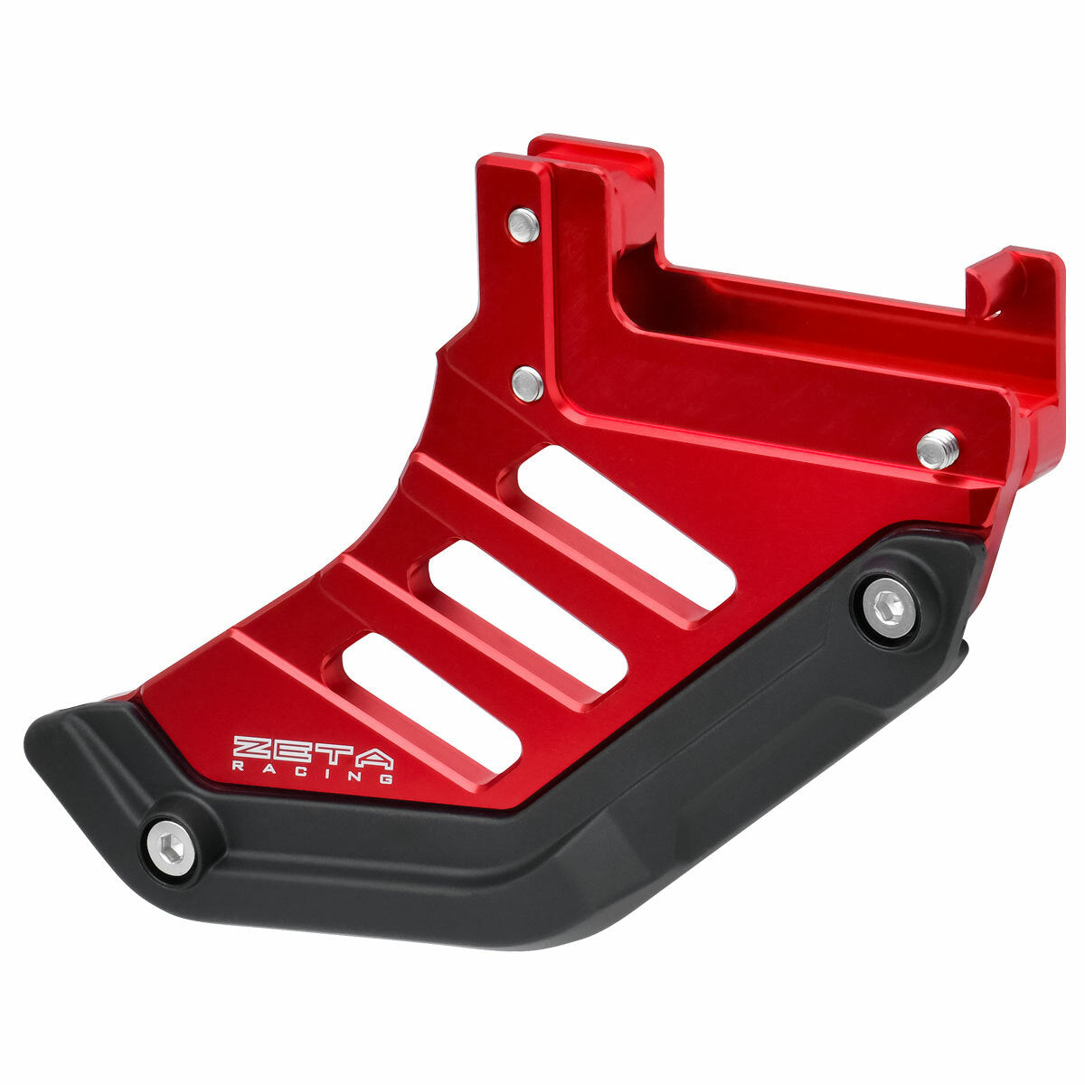 Red ZETA ZE52-5102 rear disc guard on motorcycle, providing enhanced rotor protection with durable metal construction.