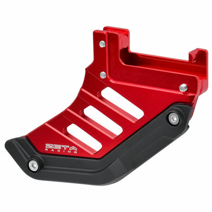 Red ZETA ZE52-5102 rear disc guard on motorcycle, providing enhanced rotor protection with durable metal construction.