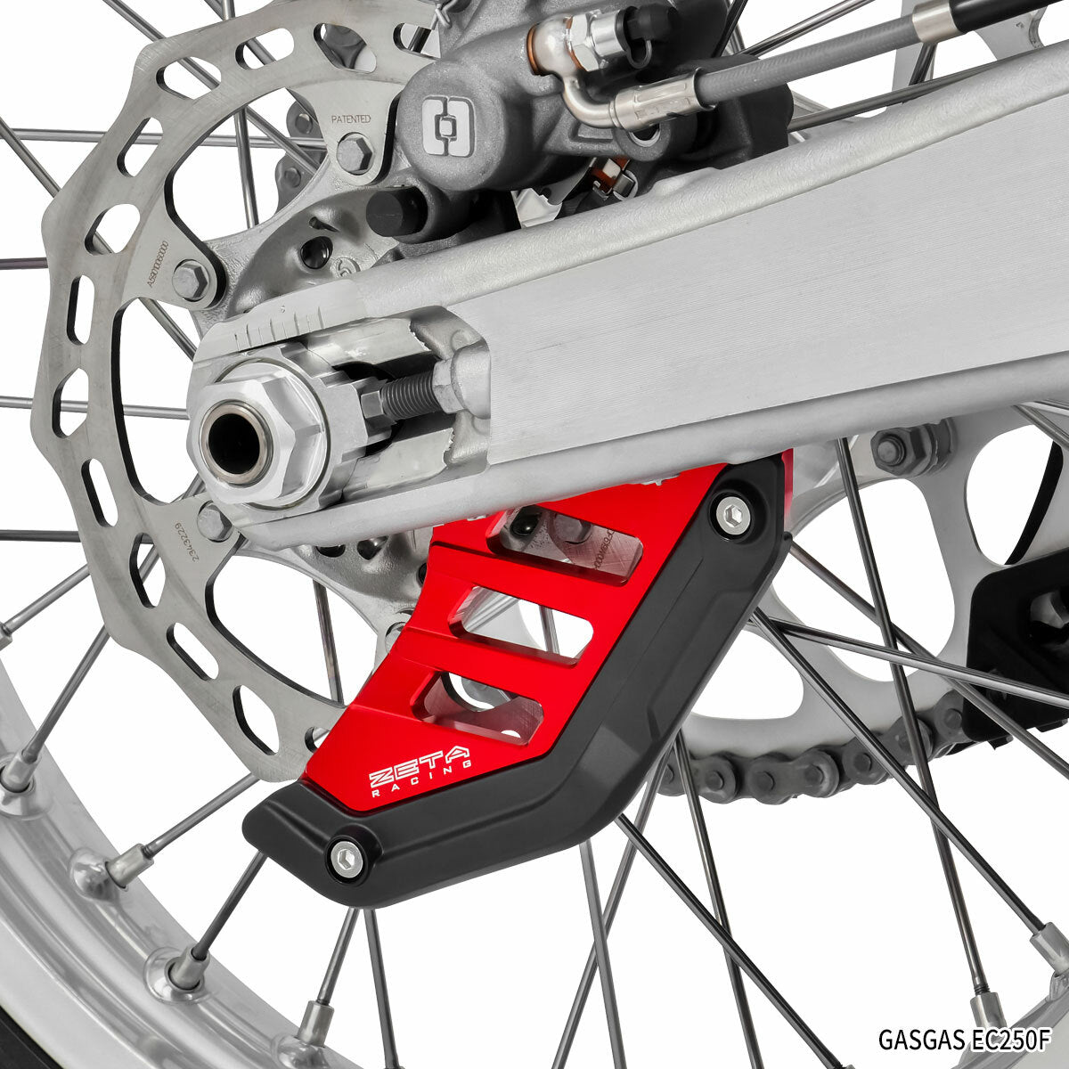 Red ZETA ZE52-5102 rear disc guard for enhanced rotor protection on motorcycles, featuring durable metal construction.