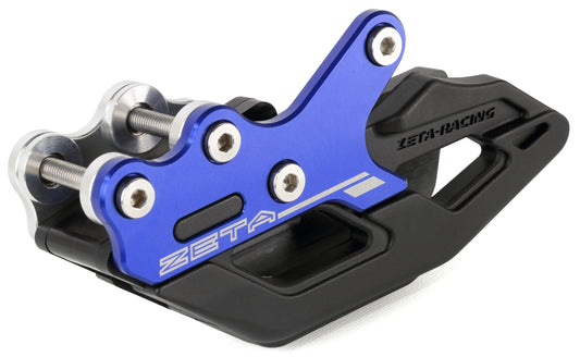 Blue ZETA ZE82-1316 3D chain guide for Yamaha motorcycle, showing the durable plastic construction with mounting hardware