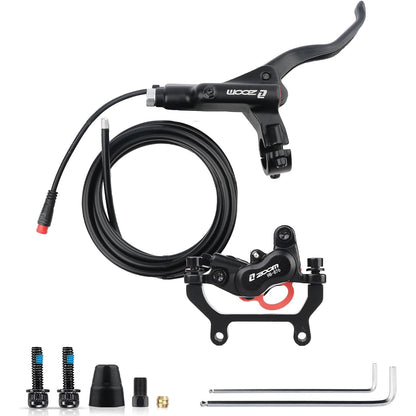 Hycline ZOOM HB-875E/876E right rear hydraulic disc brake for bikes, showing the hydraulic brake caliper and disc rotor.