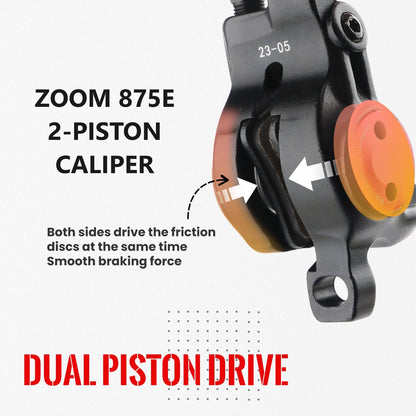 Hydcline ZOOM HB-875E/876E electric bike hydraulic disc brake with two pistons for smooth braking and stopping power.