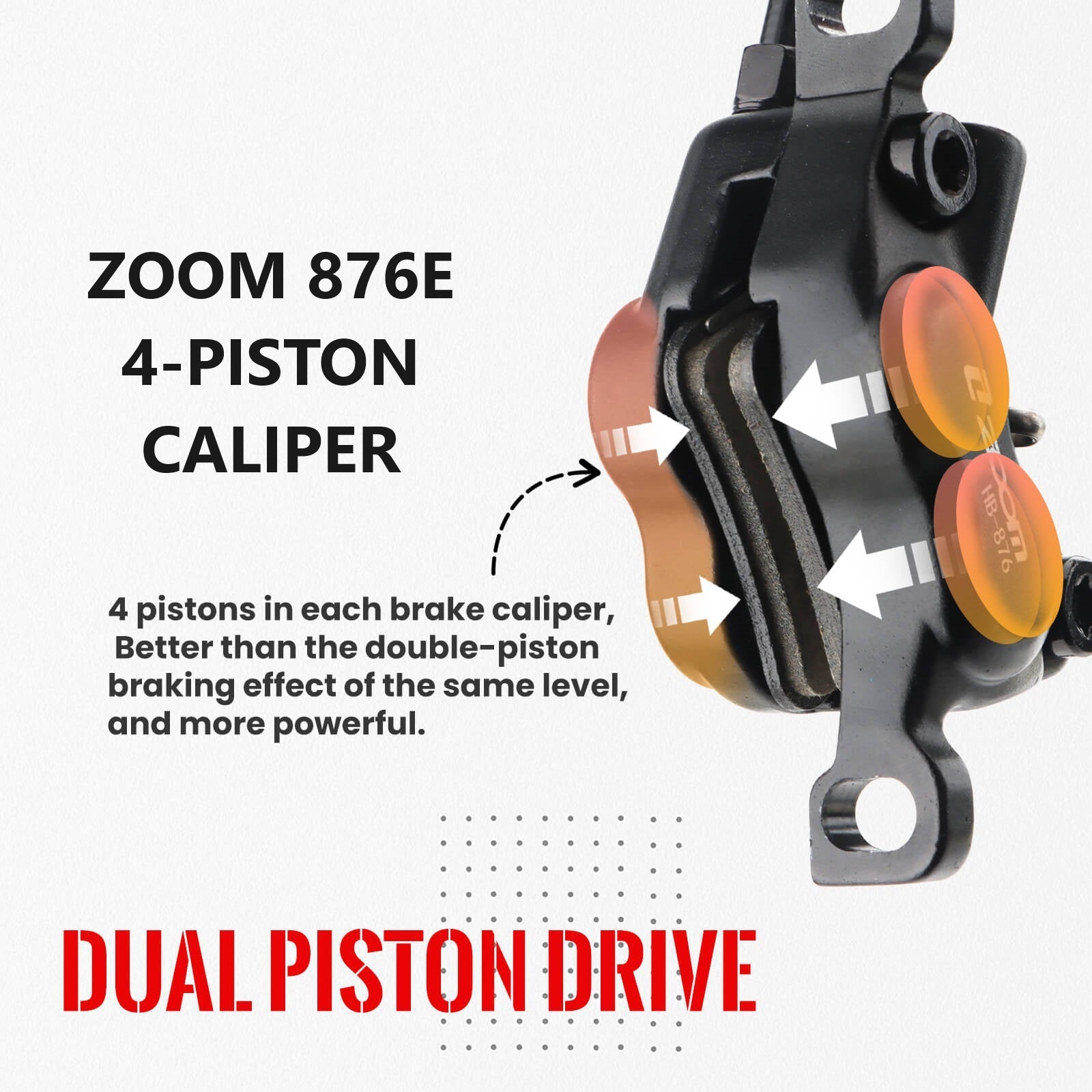 Hycline ZOOM HB-875E/876E electric bike hydraulic disc brake with four pistons, showcasing the brake caliper and hydraulic components.
